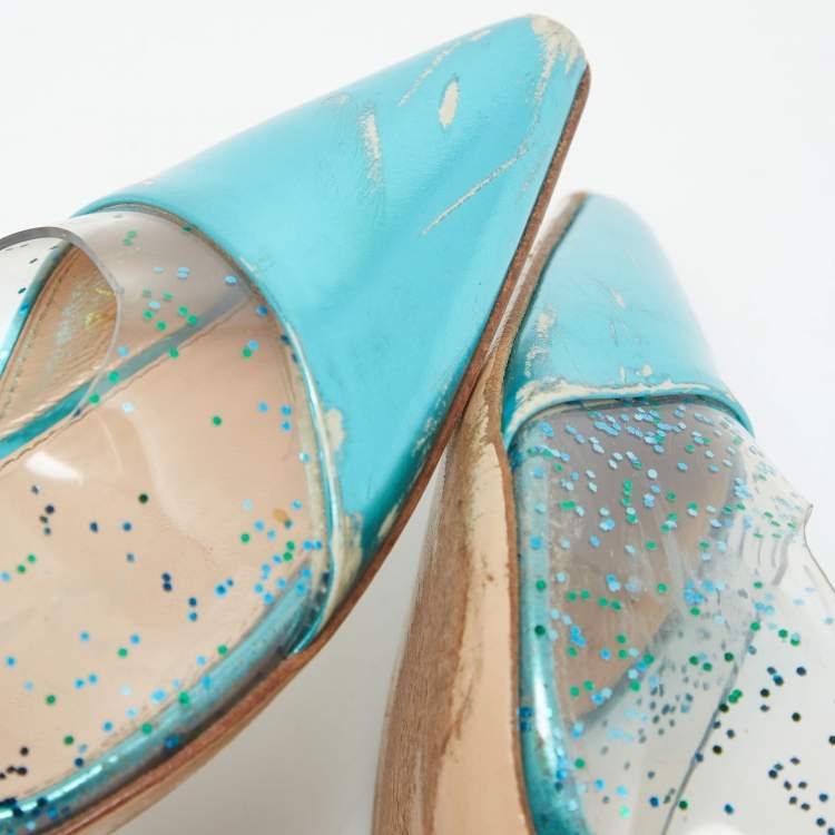 Pre Owned Gianvito Rossi Metallic Blue Leather and Glitter PVC Plexi Pumps Size 38.5