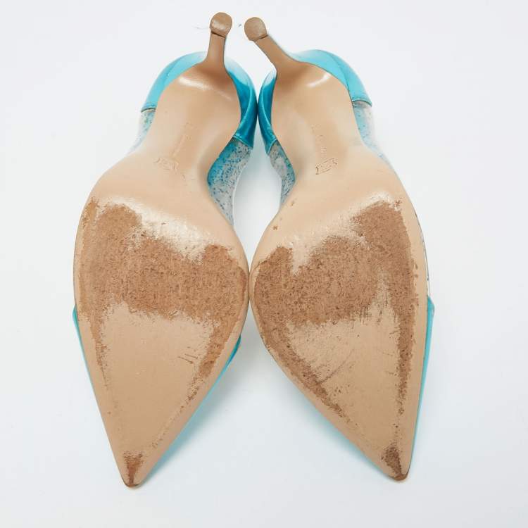 Pre Owned Gianvito Rossi Metallic Blue Leather and Glitter PVC Plexi Pumps Size 38.5