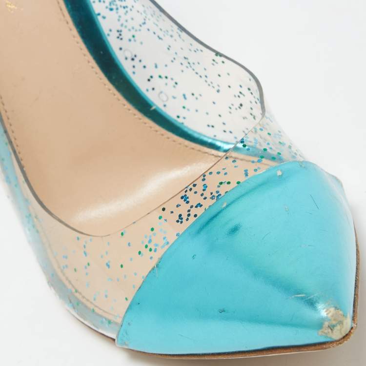Pre Owned Gianvito Rossi Metallic Blue Leather and Glitter PVC Plexi Pumps Size 38.5