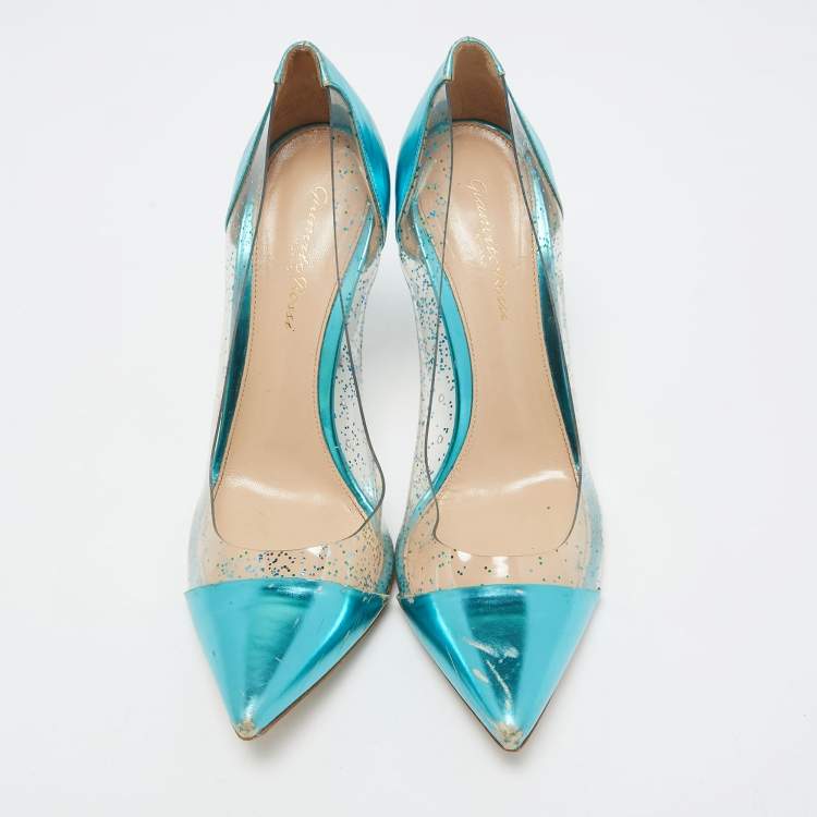 Pre Owned Gianvito Rossi Metallic Blue Leather and Glitter PVC Plexi Pumps Size 38.5