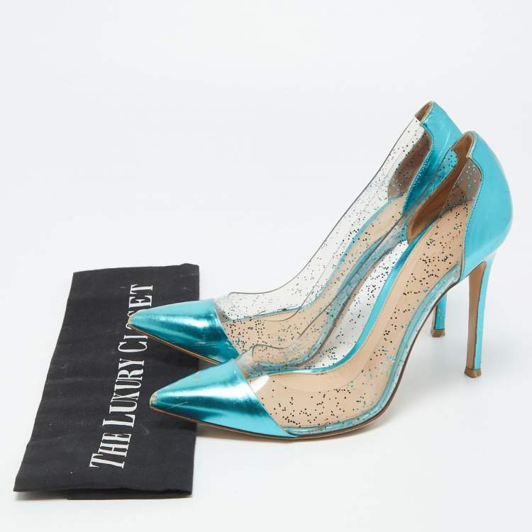 Pre Owned Gianvito Rossi Metallic Blue Leather and Glitter PVC Plexi Pumps Size 38.5