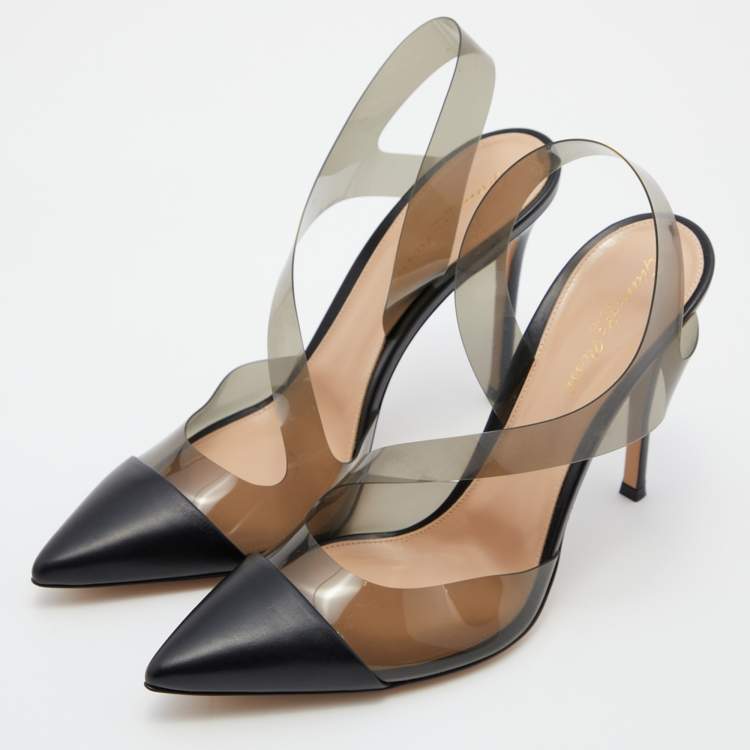 Pre Owned Gianvito Rossi Black Leather and PVC Pointed Toe Ankle Strap Sandals Size 40