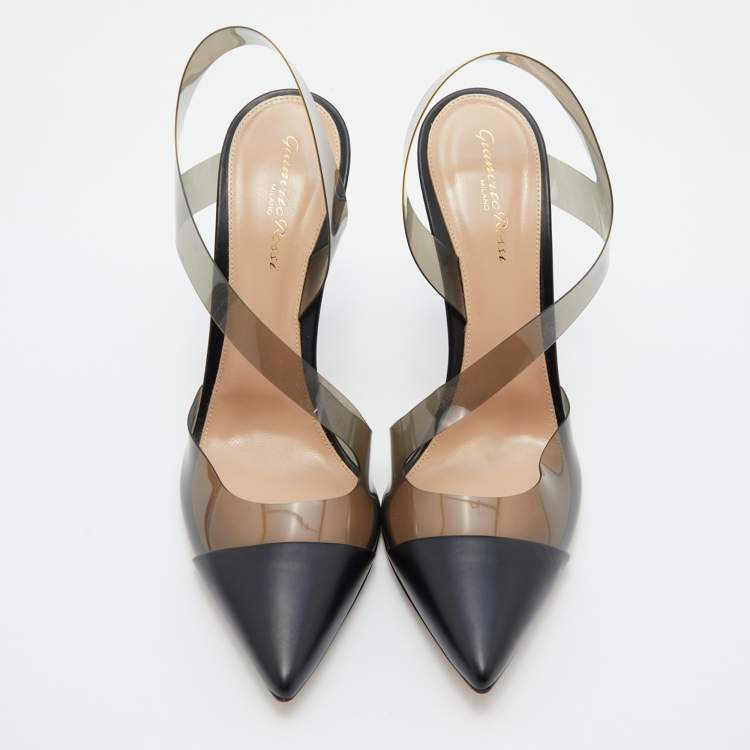 Pre Owned Gianvito Rossi Black Leather and PVC Pointed Toe Ankle Strap Sandals Size 40