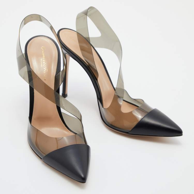 Pre Owned Gianvito Rossi Black Leather and PVC Pointed Toe Ankle Strap Sandals Size 40