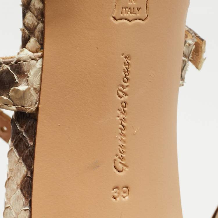Pre Owned Gianvito Rossi Beige/Brown Python Embossed Leather Ankle Strap Pumps Size 39 