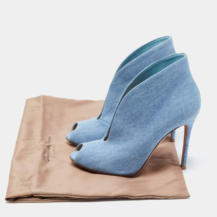 Pre Owned Gianvito Rossi Blue Denim Vamp Peep Toe Booties Size 37.5