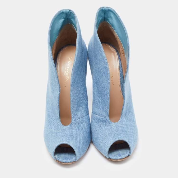 Pre Owned Gianvito Rossi Blue Denim Vamp Peep Toe Booties Size 37.5