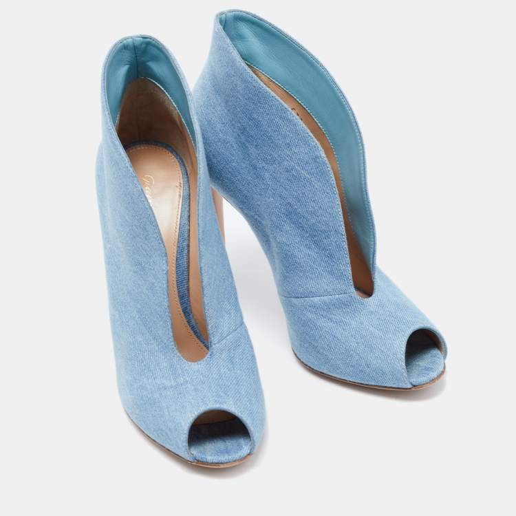 Pre Owned Gianvito Rossi Blue Denim Vamp Peep Toe Booties Size 37.5