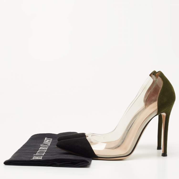 Pre Owned Gianvito Rossi Black/Green Suede and  PVC Plexi Platform Pumps Size 36