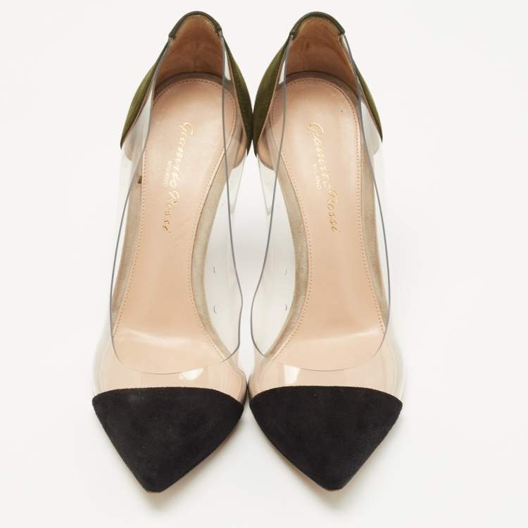 Pre Owned Gianvito Rossi Black/Green Suede and  PVC Plexi Platform Pumps Size 36