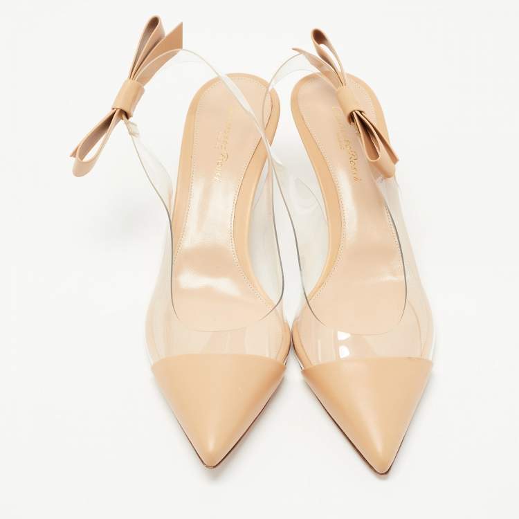Pre Owned Gianvito Rossi Beige Leather and PVC Slingback Bow Sandals Size 41