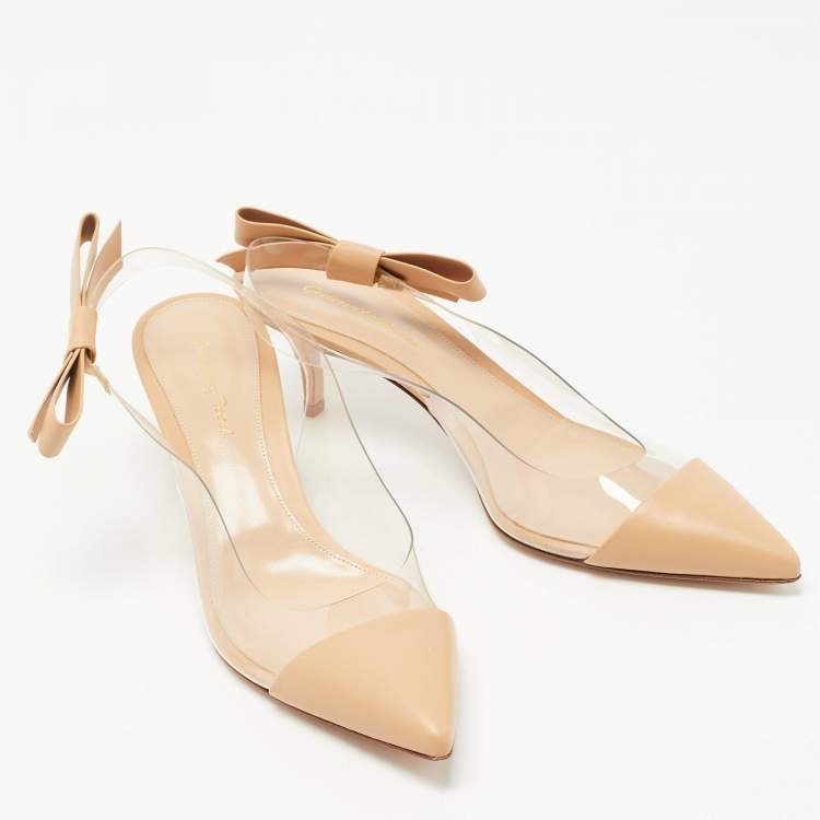 Pre Owned Gianvito Rossi Beige Leather and PVC Slingback Bow Sandals Size 41