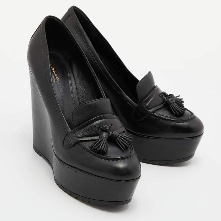 Pre Owned Gianvito Rossi Black Leather Tassel Wedge Pumps Size 37.5