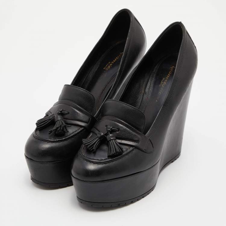 Pre Owned Gianvito Rossi Black Leather Tassel Wedge Pumps Size 37.5