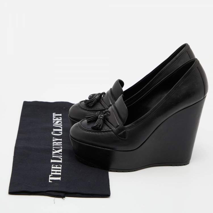 Pre Owned Gianvito Rossi Black Leather Tassel Wedge Pumps Size 37.5