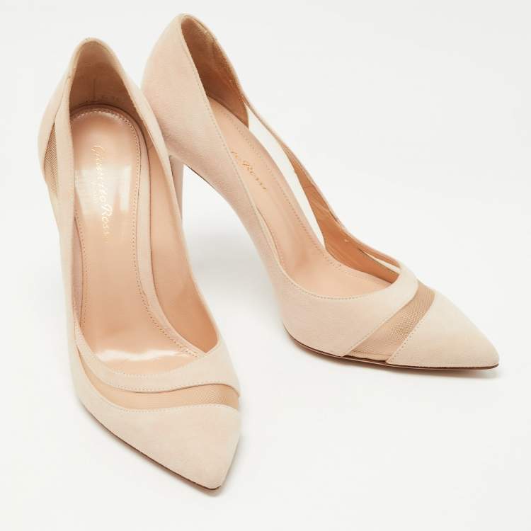 Pre Owned Gianvito Rossi Beige Suede and Mesh Pointed Toe Pumps Size 38
