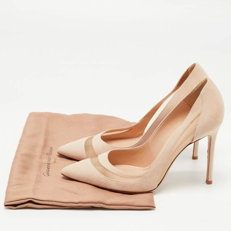 Pre Owned Gianvito Rossi Beige Suede and Mesh Pointed Toe Pumps Size 38