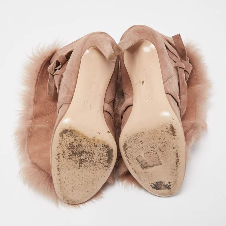 Pre Owned Gianvito Rossi Beige Suede Moritz Shearling Ankle Boots Size 37