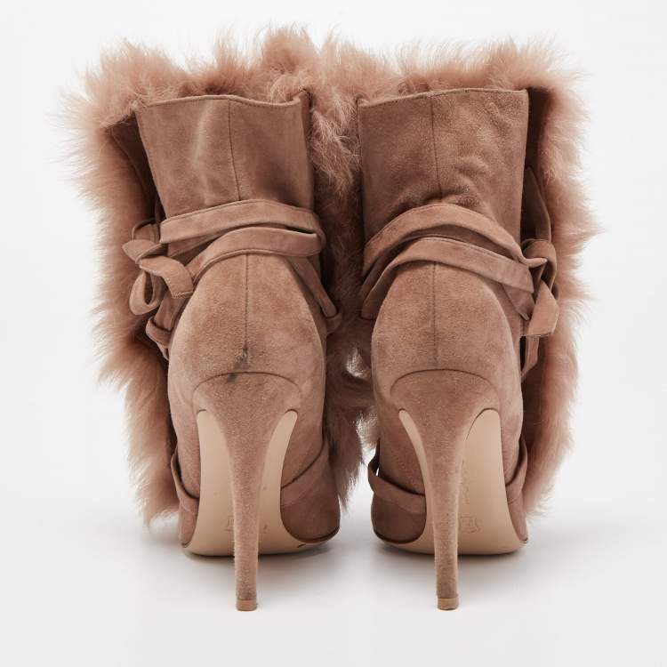 Pre Owned Gianvito Rossi Beige Suede Moritz Shearling Ankle Boots Size 37