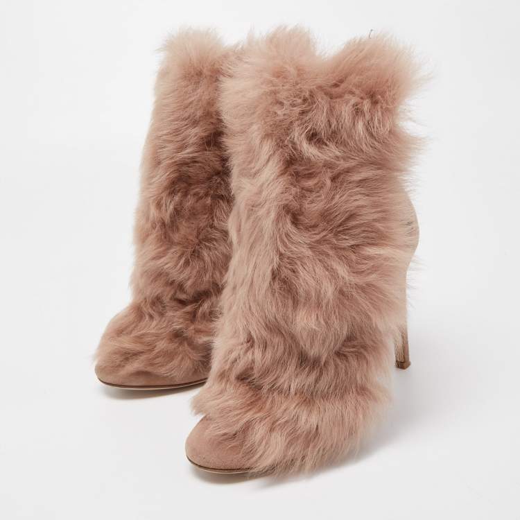 Pre Owned Gianvito Rossi Beige Suede Moritz Shearling Ankle Boots Size 37