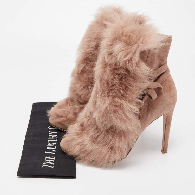 Pre Owned Gianvito Rossi Beige Suede Moritz Shearling Ankle Boots Size 37