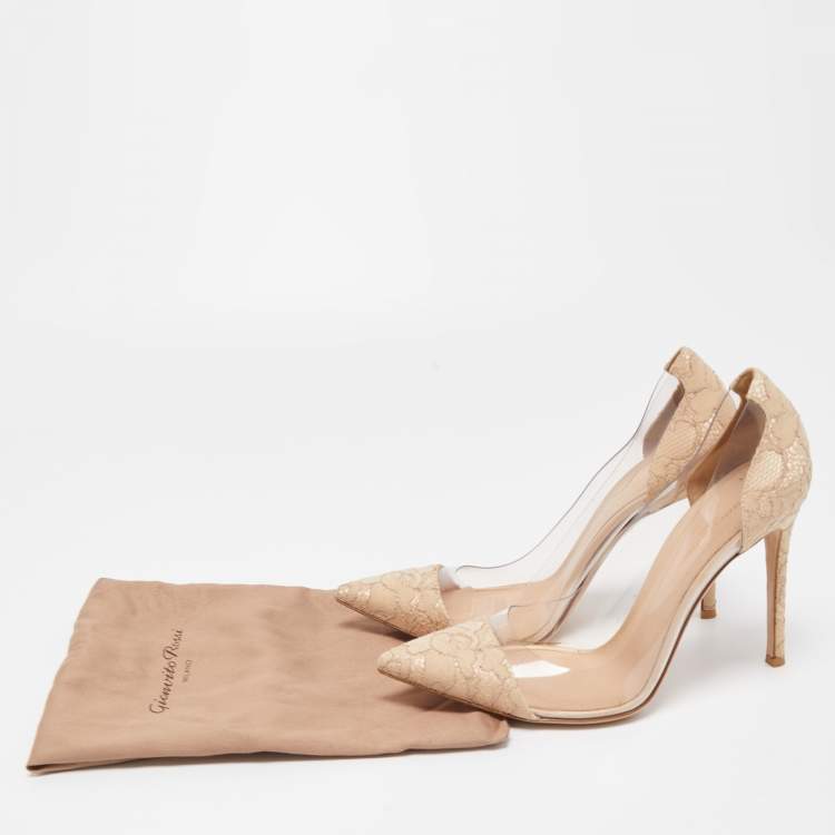 Pre Owned Gianvito Rossi Beige Lace and PVC Plexi Pointed Toe Pumps Size 39