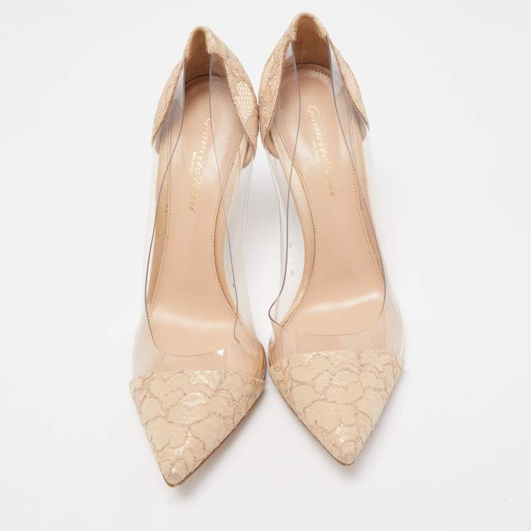 Pre Owned Gianvito Rossi Beige Lace and PVC Plexi Pointed Toe Pumps Size 39