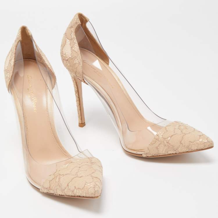 Pre Owned Gianvito Rossi Beige Lace and PVC Plexi Pointed Toe Pumps Size 39
