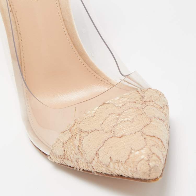 Pre Owned Gianvito Rossi Beige Lace and PVC Plexi Pointed Toe Pumps Size 39