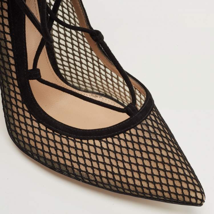 Pre Owned Gianvito Rossi Black Suede and Mesh Pointed Toe Ankle Tie Pumps Size 38