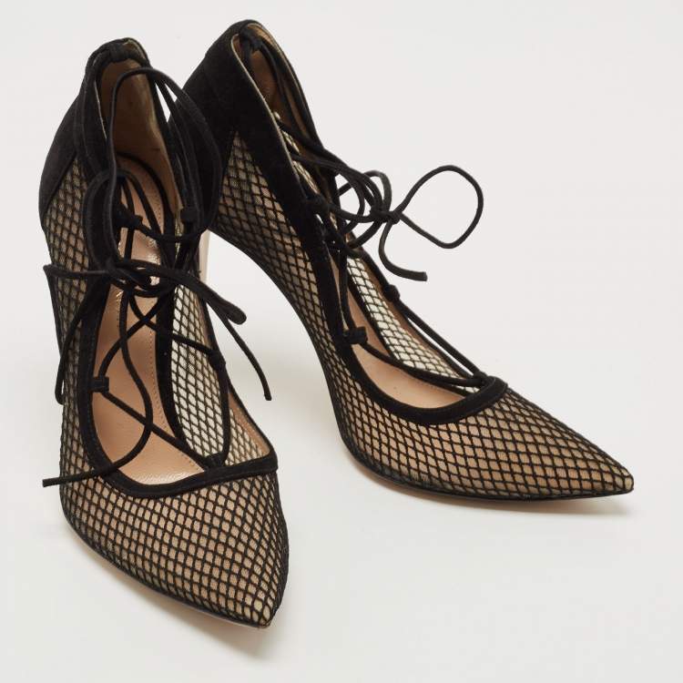 Pre Owned Gianvito Rossi Black Suede and Mesh Pointed Toe Ankle Tie Pumps Size 38