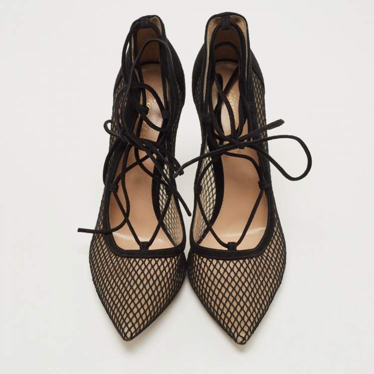 Pre Owned Gianvito Rossi Black Suede and Mesh Pointed Toe Ankle Tie Pumps Size 38