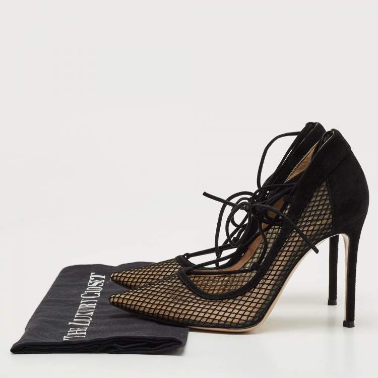 Pre Owned Gianvito Rossi Black Suede and Mesh Pointed Toe Ankle Tie Pumps Size 38
