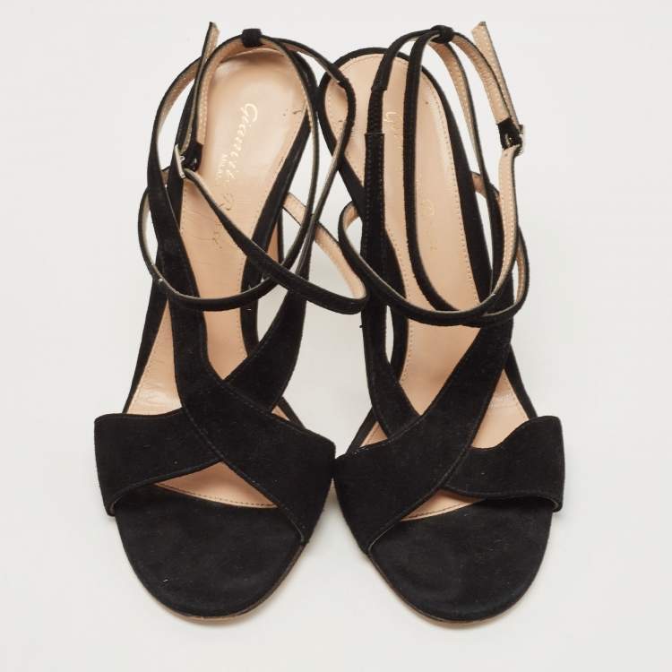 Pre Owned Gianvito Rossi Black Suede Crisscross Ankle Strap Sandals Size 37.5
