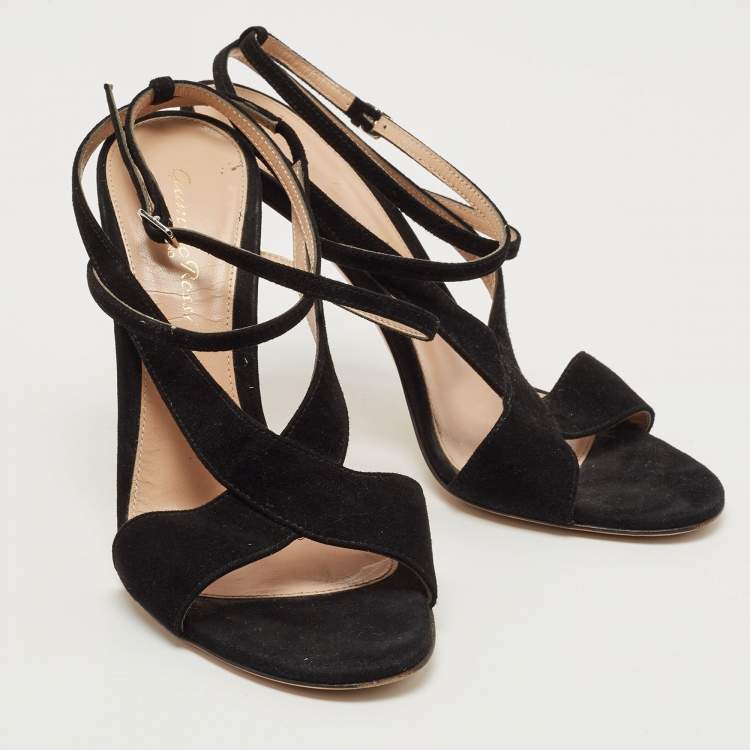Pre Owned Gianvito Rossi Black Suede Crisscross Ankle Strap Sandals Size 37.5