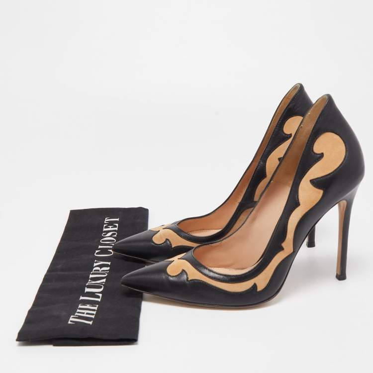 Pre Owned Gianvito Rossi Black Leather and Suede Pointed Toe Pumps Size 38