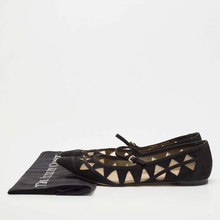 Pre Owned Gianvito Rossi Black Suede and Mesh Mary Jane Ballet Flats Size 40