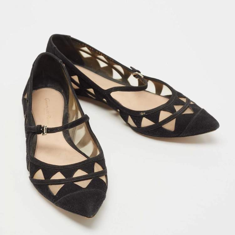 Pre Owned Gianvito Rossi Black Suede and Mesh Mary Jane Ballet Flats Size 40