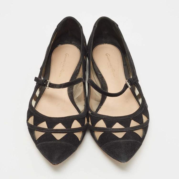 Pre Owned Gianvito Rossi Black Suede and Mesh Mary Jane Ballet Flats Size 40