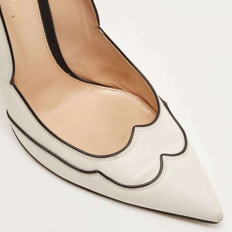 Pre Owned Gianvito Rossi White/Black Scalloped Leather Pointed Toe Pumps Size 40