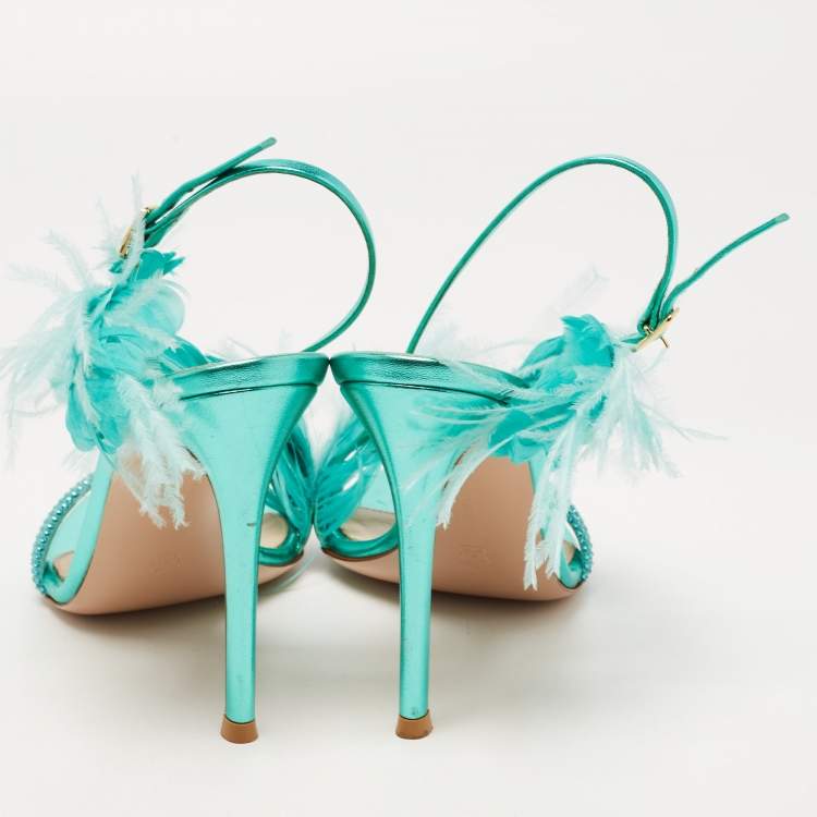 مملوكة مسبقًا Gianvito Rossi Green Leather and Feather Anthea Sandals Size 38.5