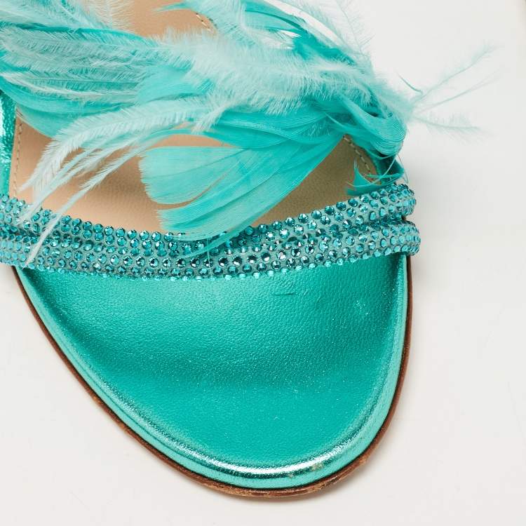 مملوكة مسبقًا Gianvito Rossi Green Leather and Feather Anthea Sandals Size 38.5