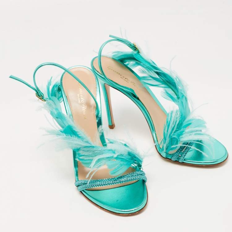 مملوكة مسبقًا Gianvito Rossi Green Leather and Feather Anthea Sandals Size 38.5