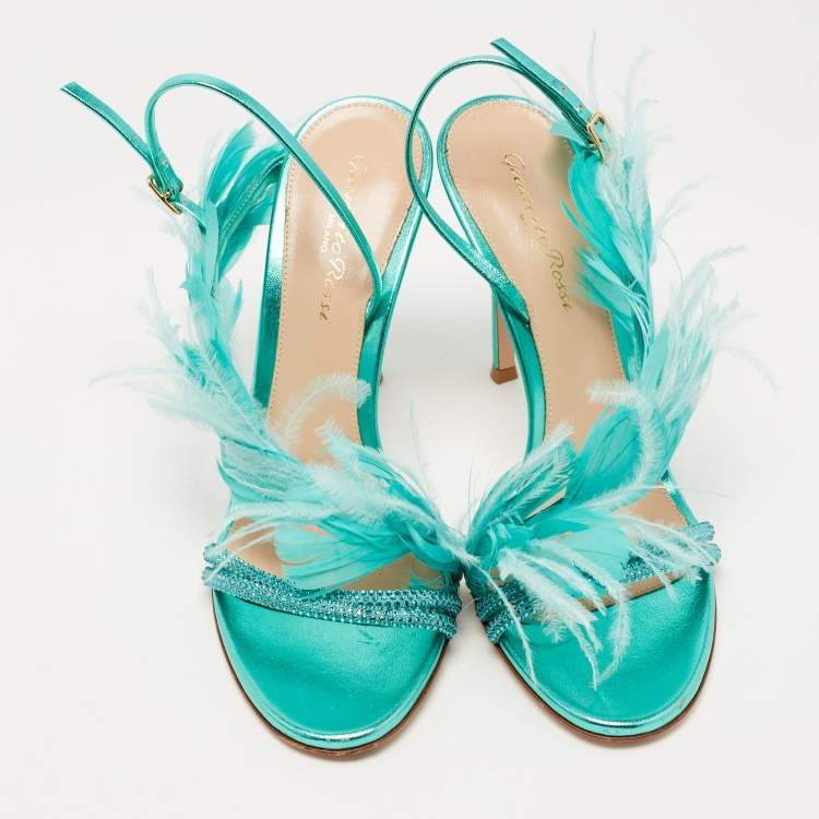 مملوكة مسبقًا Gianvito Rossi Green Leather and Feather Anthea Sandals Size 38.5