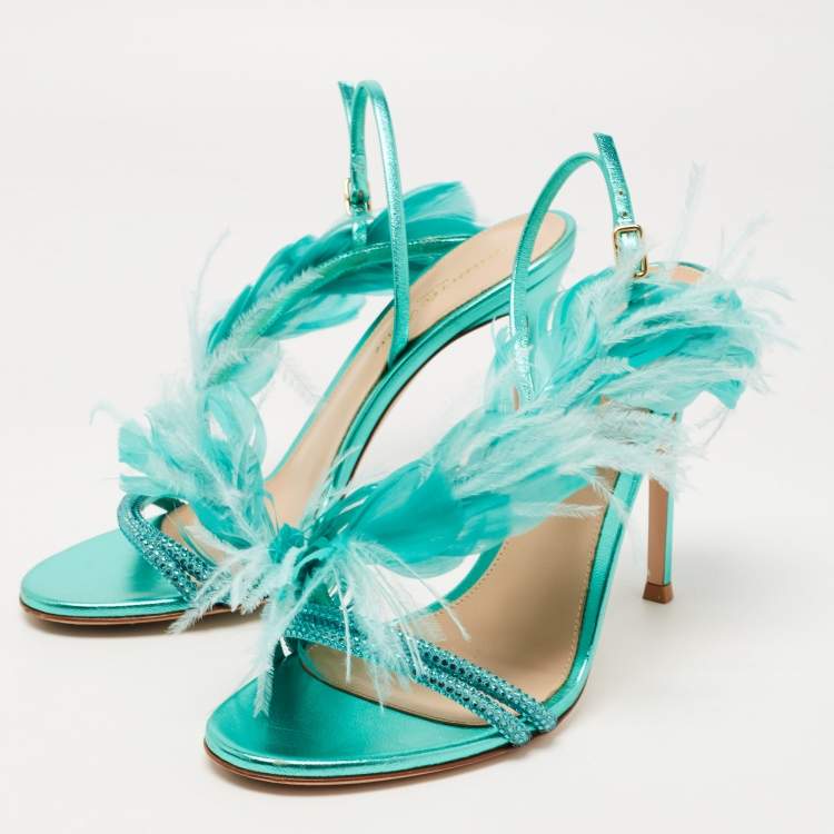 مملوكة مسبقًا Gianvito Rossi Green Leather and Feather Anthea Sandals Size 38.5