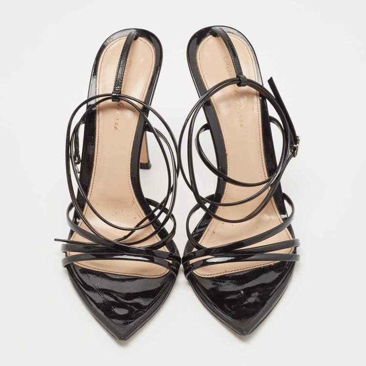 Pre Owned Gianvito Rossi Black Patent Leather Kim Ankle Wrap Sandals Size 39