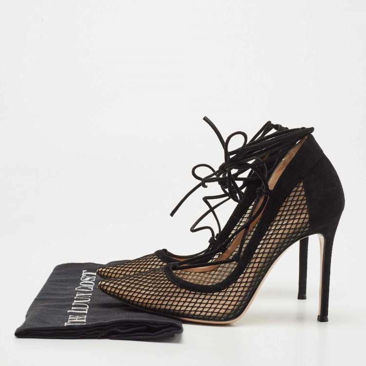 Pre Owned Gianvito Rossi Black Suede and Mesh Ankle Tie Pumps Size 38