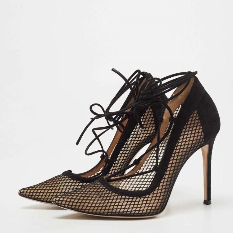 Pre Owned Gianvito Rossi Black Suede and Mesh Ankle Tie Pumps Size 38