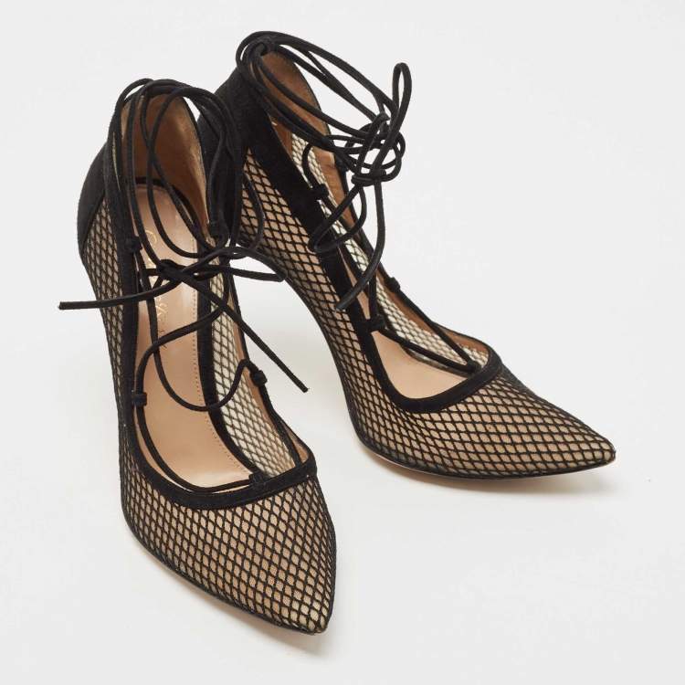 Pre Owned Gianvito Rossi Black Suede and Mesh Ankle Tie Pumps Size 38