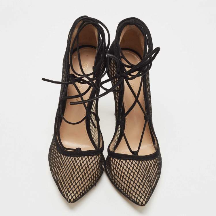 Pre Owned Gianvito Rossi Black Suede and Mesh Ankle Tie Pumps Size 38